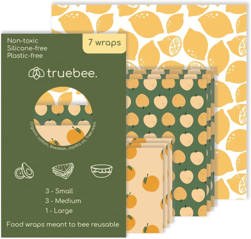 TRUSBEE Reusable Beeswax Food Wraps 7-Pack Summer Orchard – Non Toxic, Plastic Free, Silicone Free, Sustainable, Environmentally Friendly, Organic Cotton Beeswax Wraps (S, M, L) - Image 1